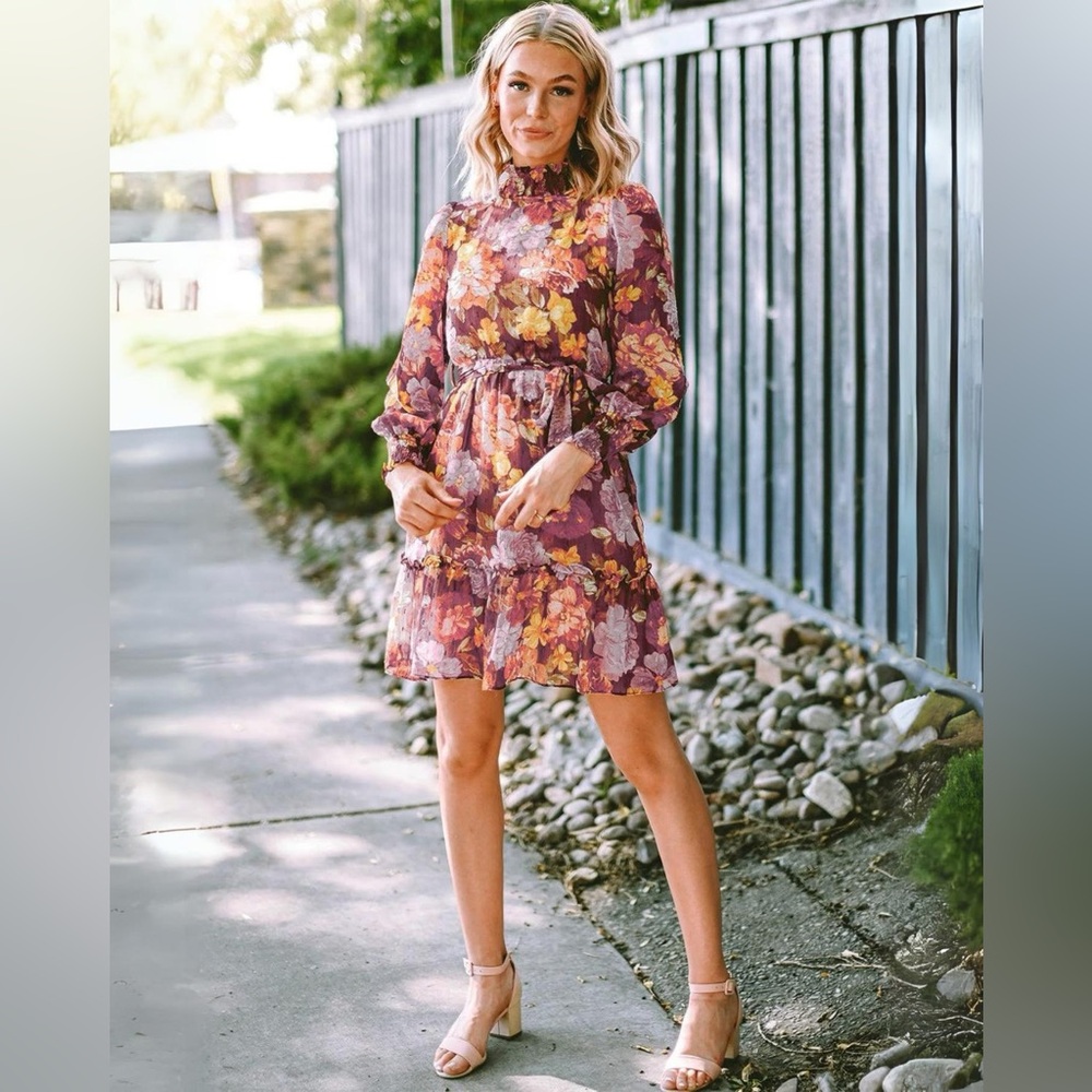 NWT Aura Floral Long Sleeve Ruffle Mini Dress, Size M